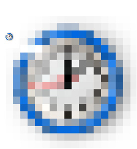 Sample image of clock icon, rendered using only 16 x 16 pixels. Enlarged view and actual size shown.